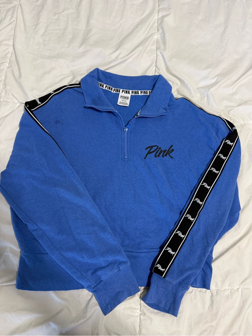 Victoria's Secret PINK Blue Quarter-Zip Sweater with Black Sleeve Tape